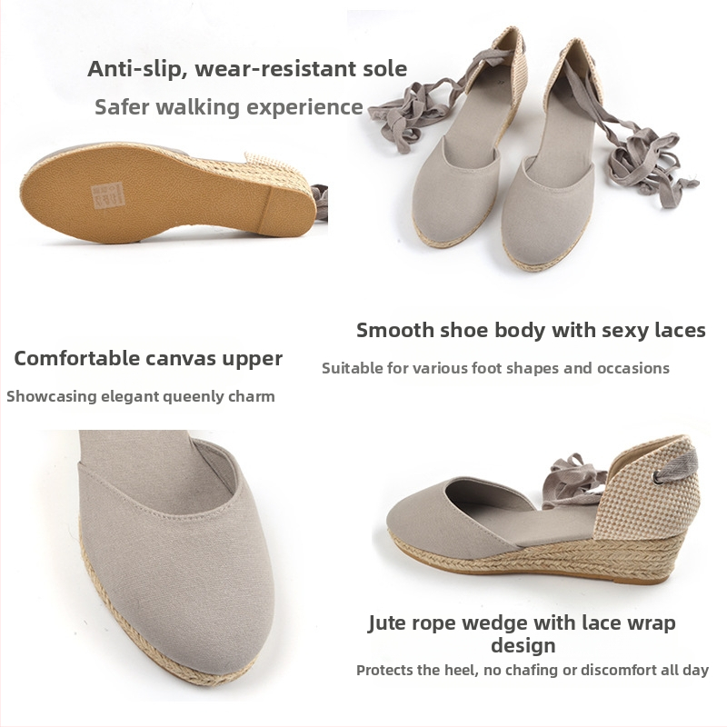 Εξωτερικό Εμπόριο Διασυνοριακά 2024 Νέα Ψάθινα Παπούτσια με Σφηνωτό Τακούνι Γυναικεία Καλοκαιρινά Σανδάλια από Κάνναβη με Δέσιμο Άνετα Γαλλικά Ψηλοτάκουνα