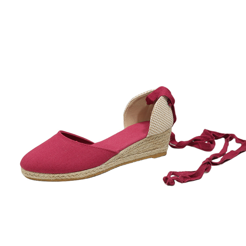 Εξωτερικό Εμπόριο Διασυνοριακά 2024 Νέα Ψάθινα Παπούτσια με Σφηνωτό Τακούνι Γυναικεία Καλοκαιρινά Σανδάλια από Κάνναβη με Δέσιμο Άνετα Γαλλικά Ψηλοτάκουνα