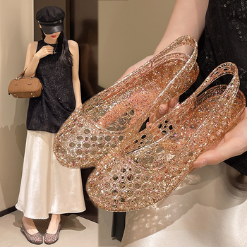 Γυναικεία καλοκαιρινά σανδάλια με κοίλο σχέδιο από κορεάτικο ζελέ, μοντέρνα σανδάλια με καπάκια στα δάχτυλα για εξωτερική χρήση, γυναικεία σανδάλια με επίπεδη δάχτυλα από PVC