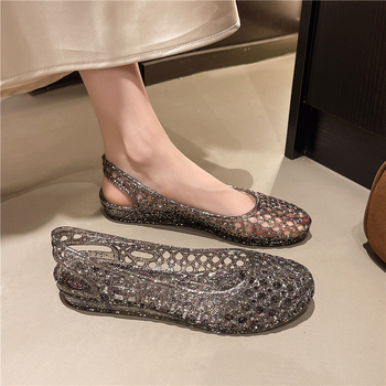 Γυναικεία καλοκαιρινά σανδάλια με κοίλο σχέδιο από κορεάτικο ζελέ, μοντέρνα σανδάλια με καπάκια στα δάχτυλα για εξωτερική χρήση, γυναικεία σανδάλια με επίπεδη δάχτυλα από PVC