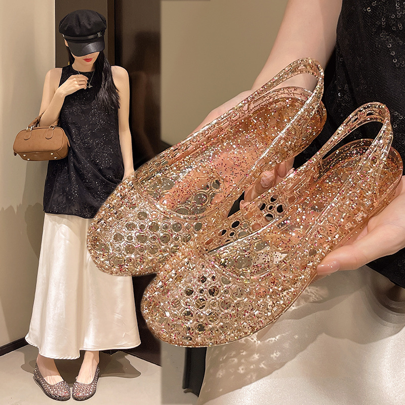 Sandale de vară pentru femei, stil coreean, cu vârf plat, cu goluri, stil jeleu, stil coreean, sandale de exterior la modă, cu vârf plat din PVC