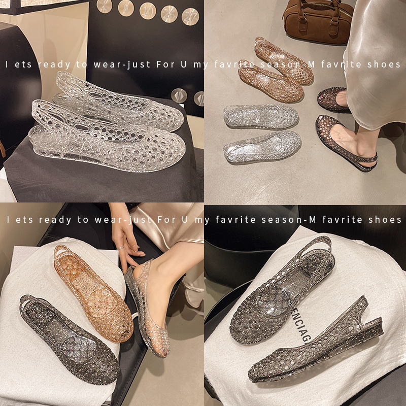 Sandale de vară pentru femei, stil coreean, cu vârf plat, cu goluri, stil jeleu, stil coreean, sandale de exterior la modă, cu vârf plat din PVC