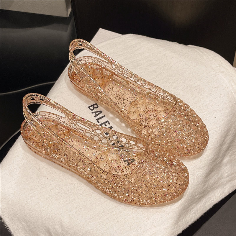 Sandale de vară pentru femei, stil coreean, cu vârf plat, cu goluri, stil jeleu, stil coreean, sandale de exterior la modă, cu vârf plat din PVC