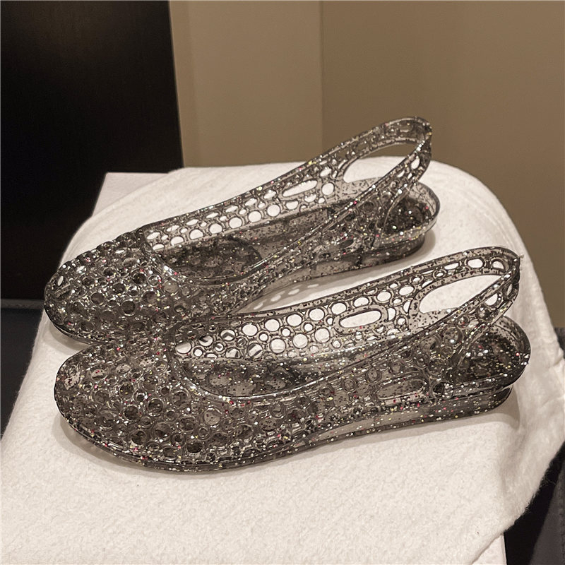 Sandale de vară pentru femei, stil coreean, cu vârf plat, cu goluri, stil jeleu, stil coreean, sandale de exterior la modă, cu vârf plat din PVC