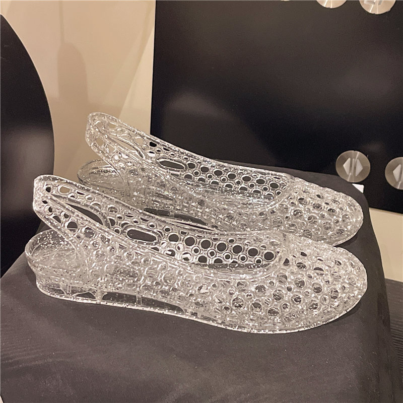 Sandale de vară pentru femei, stil coreean, cu vârf plat, cu goluri, stil jeleu, stil coreean, sandale de exterior la modă, cu vârf plat din PVC