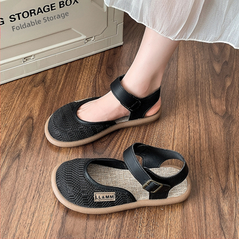 Mori Linen Sandale cu vârf plat pentru femei Sandale de vară cu talpă moale din plasă respirabilă Pantofi cu gaură ÎMPOTRIVA purtării Sandale romane din plasă de bumbac și in