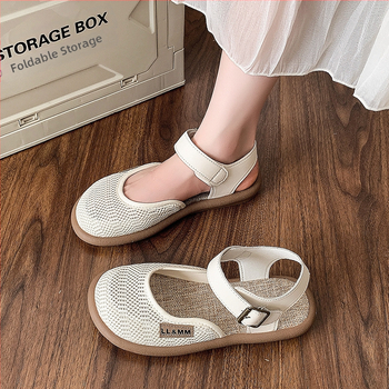 Γυναικεία Σανδάλια Mori Linen με φλατ δάχτυλα, καλοκαιρινά παπούτσια με μαλακή σόλα και αναπνεύσιμο τρύπα, OVERWEARING Mesh βαμβακερά λινά σανδάλια Roman