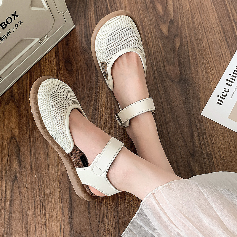 Mori Linen Sandale cu vârf plat pentru femei Sandale de vară cu talpă moale din plasă respirabilă Pantofi cu gaură ÎMPOTRIVA purtării Sandale romane din plasă de bumbac și in