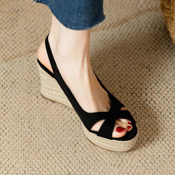 Sandale romane cu talpă groasă și platformă pentru femei, vară, cu toc înalt, impermeabile, cu gură de pește, din in, cu vârful deschis