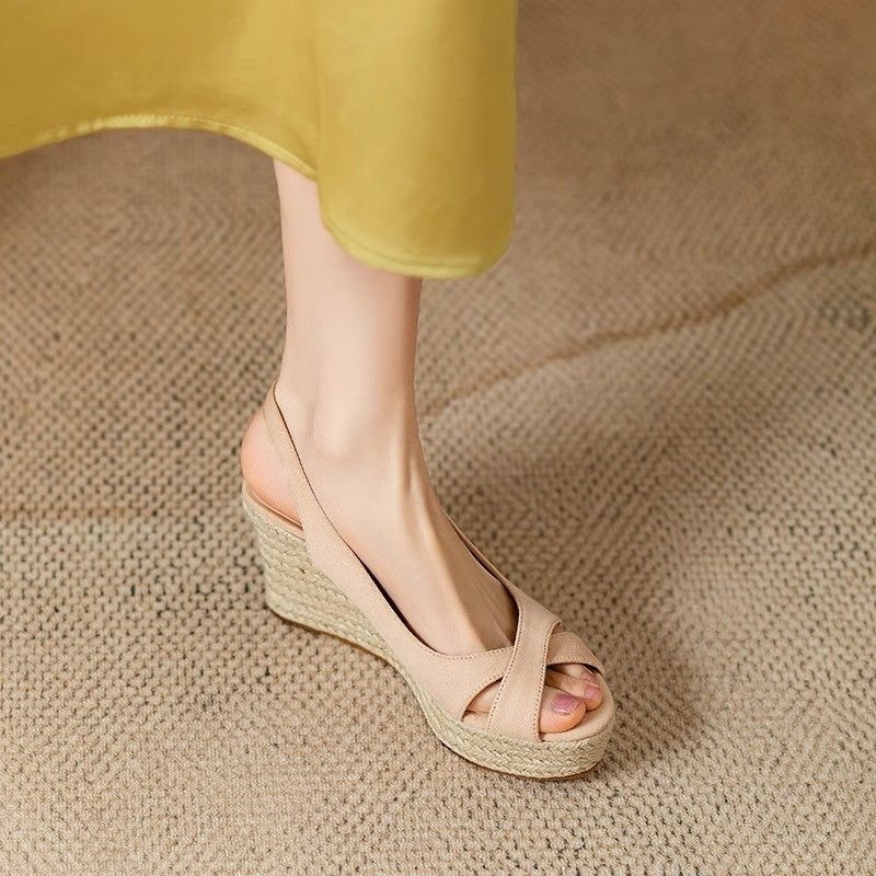 Sandale romane cu talpă groasă și platformă pentru femei, vară, cu toc înalt, impermeabile, cu gură de pește, din in, cu vârful deschis