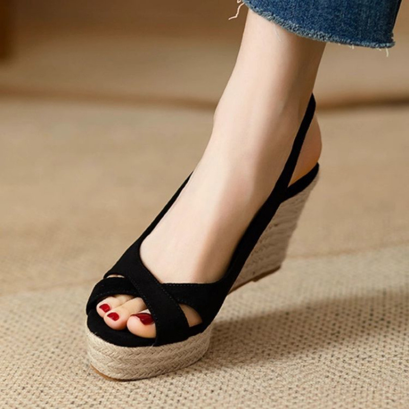 Sandale romane cu talpă groasă și platformă pentru femei, vară, cu toc înalt, impermeabile, cu gură de pește, din in, cu vârful deschis