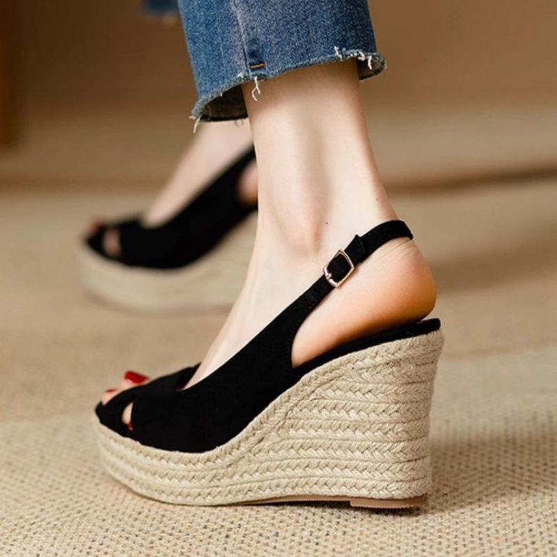 Sandale romane cu talpă groasă și platformă pentru femei, vară, cu toc înalt, impermeabile, cu gură de pește, din in, cu vârful deschis