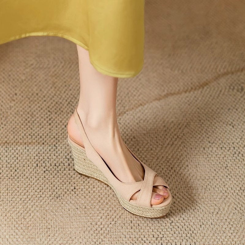 Sandale romane cu talpă groasă și platformă pentru femei, vară, cu toc înalt, impermeabile, cu gură de pește, din in, cu vârful deschis