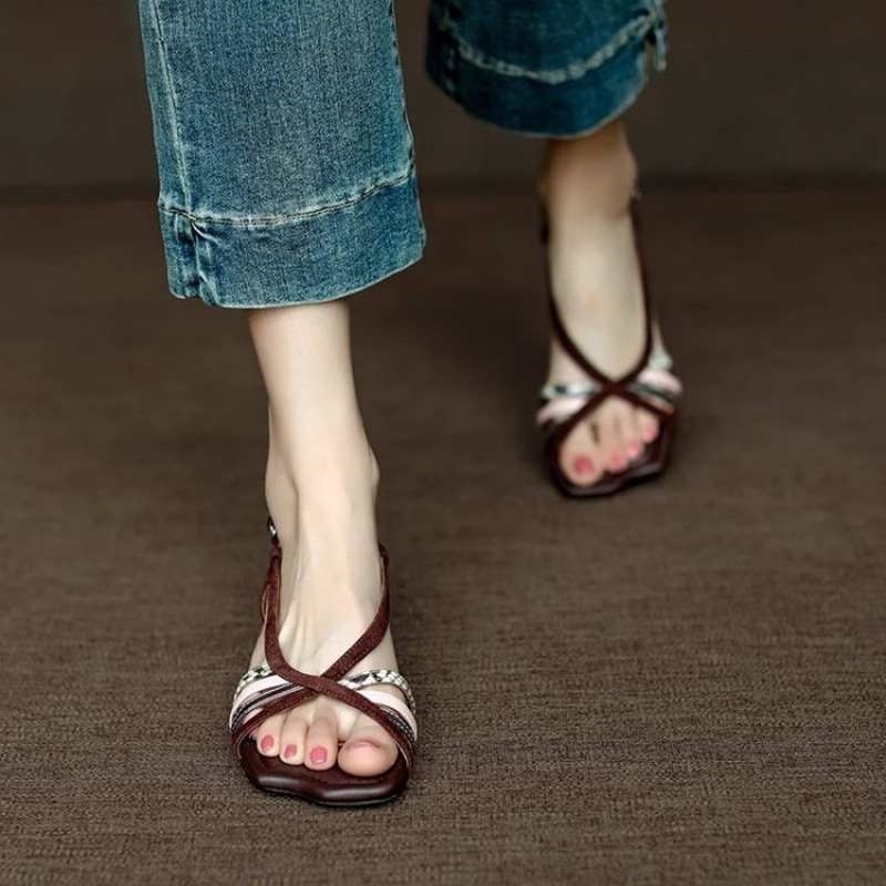 Sandale cu vârf deschis la modă pentru femei, cu toc gros și croială retro, cu vârf pătrat, curea subțire, cu gură de pește, pantofi pentru femei, potrivite pentru culori, la modă, 2025