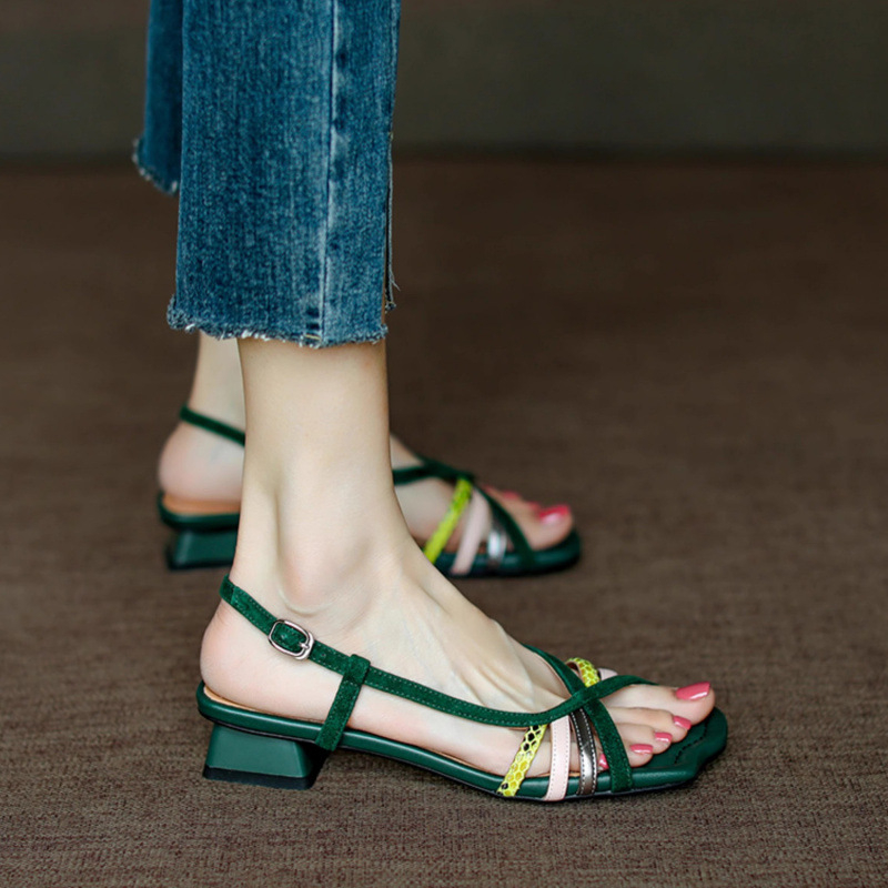 Sandale cu vârf deschis la modă pentru femei, cu toc gros și croială retro, cu vârf pătrat, curea subțire, cu gură de pește, pantofi pentru femei, potrivite pentru culori, la modă, 2025