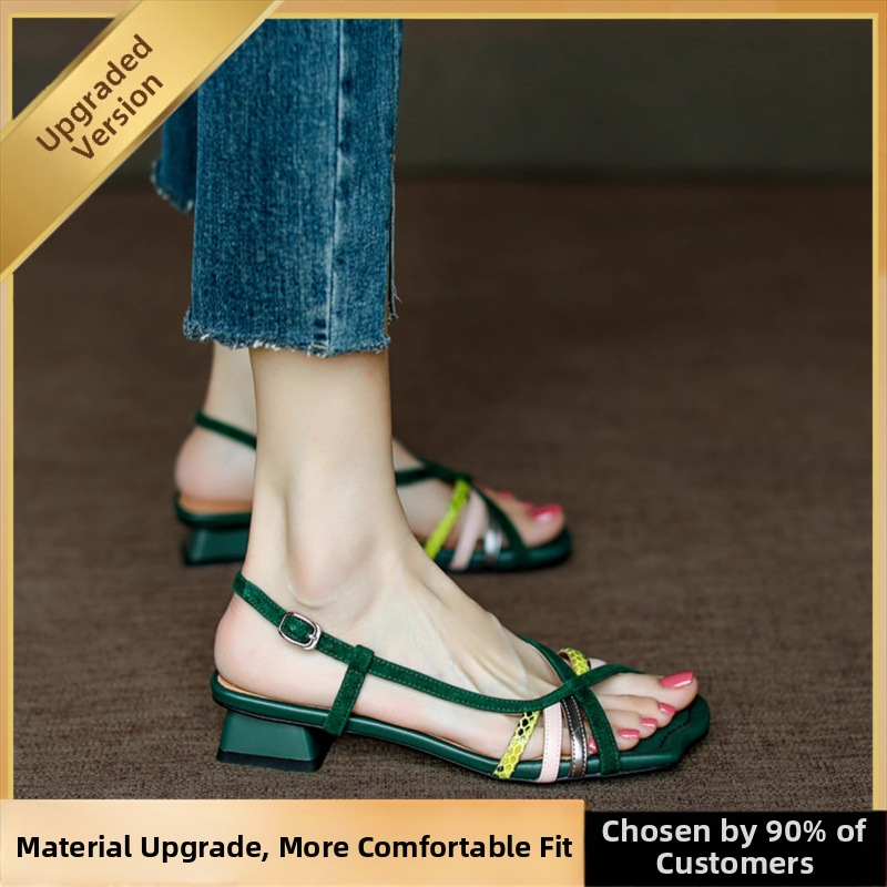 Sandale cu vârf deschis la modă pentru femei, cu toc gros și croială retro, cu vârf pătrat, curea subțire, cu gură de pește, pantofi pentru femei, potrivite pentru culori, la modă, 2025