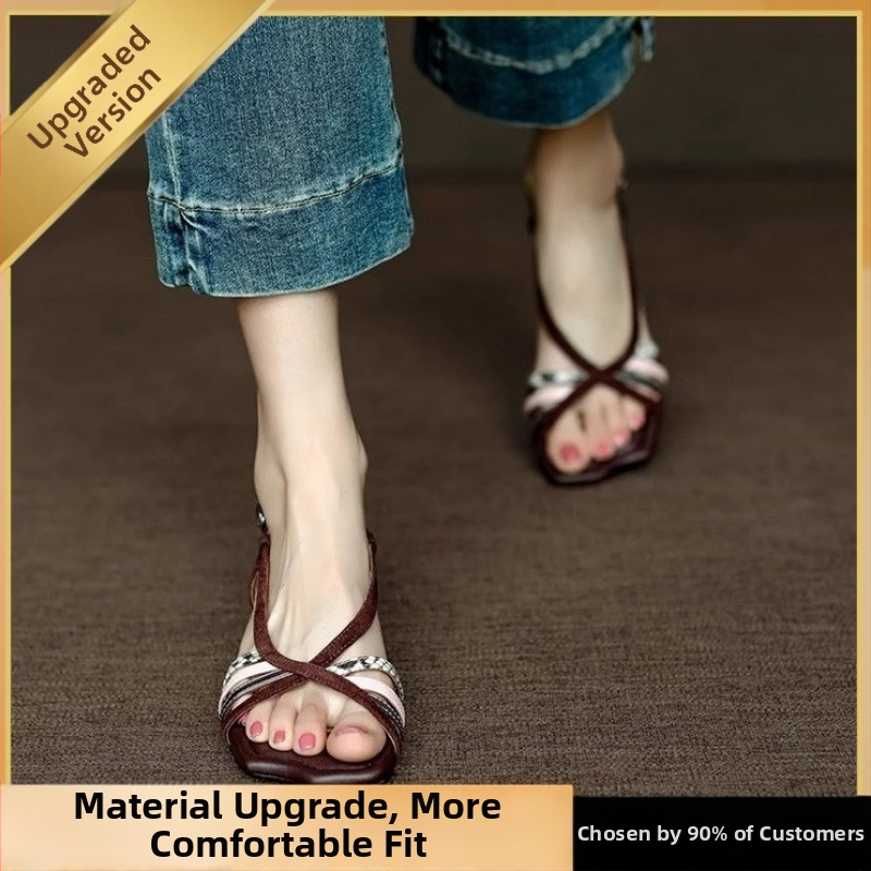 Sandale cu vârf deschis la modă pentru femei, cu toc gros și croială retro, cu vârf pătrat, curea subțire, cu gură de pește, pantofi pentru femei, potrivite pentru culori, la modă, 2025