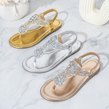 Pantofi de plajă pentru femei, cu vârf deschis și stras, cu perle și spic, stil boem, tip tanga, pentru vacanță la mare