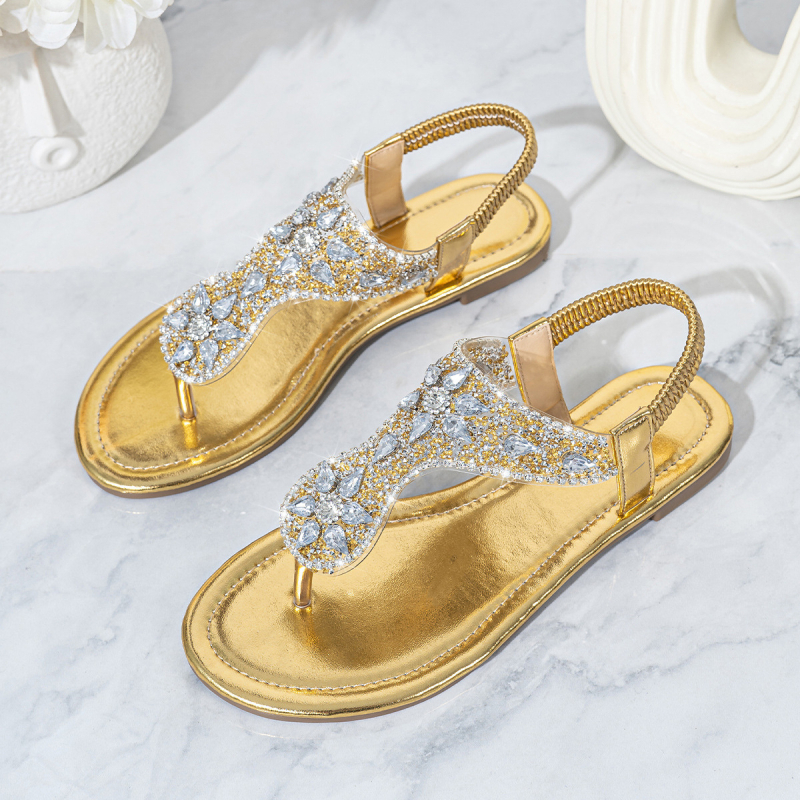Pantofi de plajă pentru femei, cu vârf deschis și stras, cu perle și spic, stil boem, tip tanga, pentru vacanță la mare