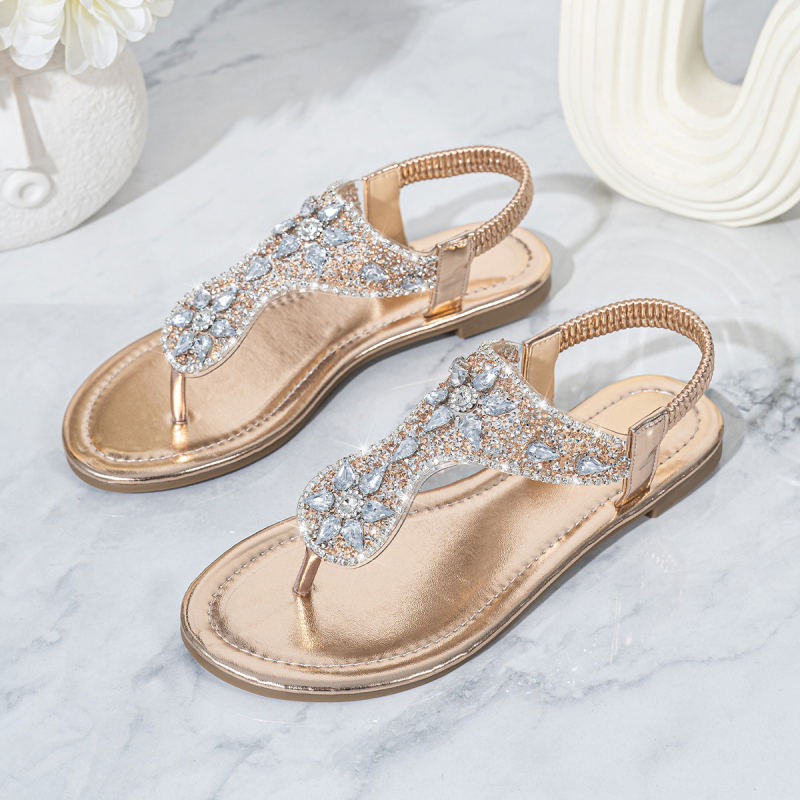 Pantofi de plajă pentru femei, cu vârf deschis și stras, cu perle și spic, stil boem, tip tanga, pentru vacanță la mare