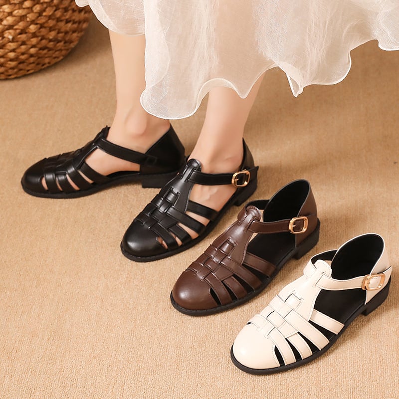 Sandale s prstima za žene, proljetne i ljetne, nove ženske cipele s kopčom, šuplje, debele, s niskom petom, rimske cipele, vintage kožne cipele