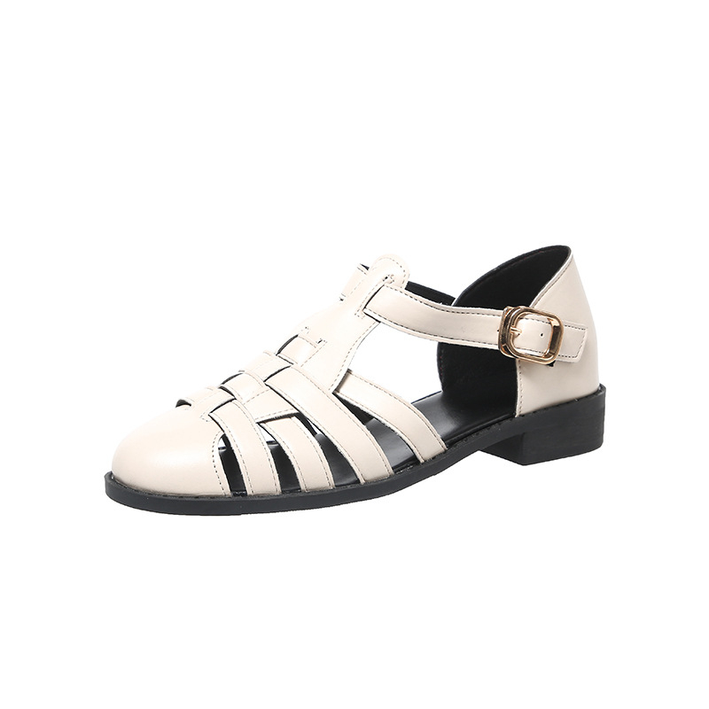 Sandale s prstima za žene, proljetne i ljetne, nove ženske cipele s kopčom, šuplje, debele, s niskom petom, rimske cipele, vintage kožne cipele