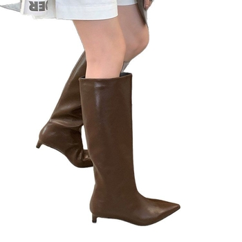 Ženske čizme u britanskom stilu iz 2024., nove špicaste tanke pete, bijele visoke viteške čizme, ali modne čizme s rukavima do koljena.