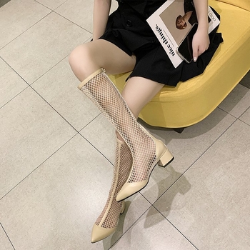 Δημοφιλείς Γυναικείες Μακριές Μπότες 2024 Νέες Καλοκαιρινές Μπότες με Μυτερές Δακτύλες, Μαλακό Δερμάτινο Σανδάλια με Χοντρό Τακούνι και Χοντρή Σόλα