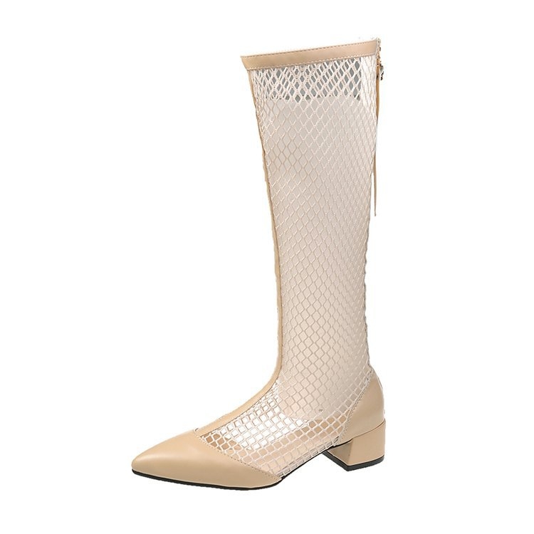 Popularne ženske duge čizme 2024., nove ljetne čizme sa špicastim vrhom, šuplje čizme od mekane kože, debele pete, visoke sandale s debelim potplatom