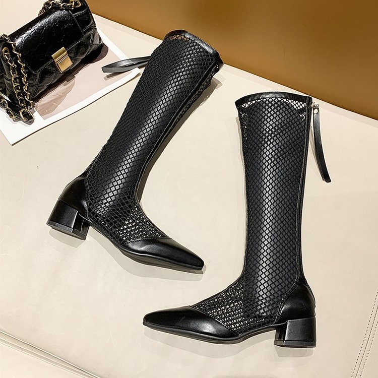 Popularne ženske duge čizme 2024., nove ljetne čizme sa špicastim vrhom, šuplje čizme od mekane kože, debele pete, visoke sandale s debelim potplatom