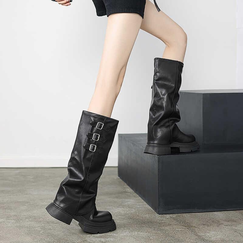 Ženske čizme s debelim potplatom, novi stil za jesen i zimu 2025., čizme za hlače s tankim podplatom, smeđe duge čizme, moderne visoke jahaće čizme