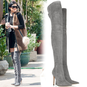 Europske i američke modne jednostavne špicaste čizme s visokom petom, rastezljive čizme za mršavljenje preko koljena, velike veličine za kupovinu i izlaske, čizme od brušene kože s patentnim zatvaračem
