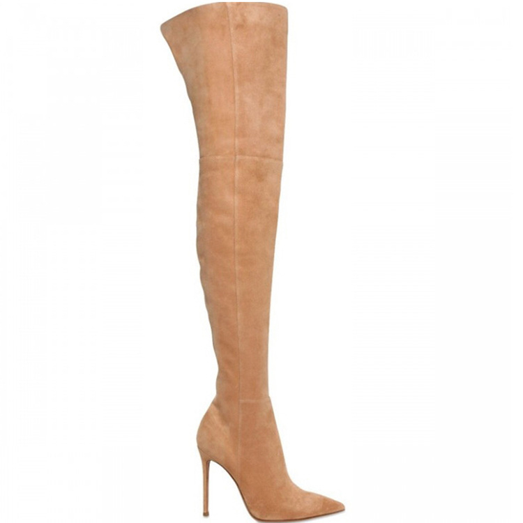 Europske i američke modne jednostavne špicaste čizme s visokom petom, rastezljive čizme za mršavljenje preko koljena, velike veličine za kupovinu i izlaske, čizme od brušene kože s patentnim zatvaračem