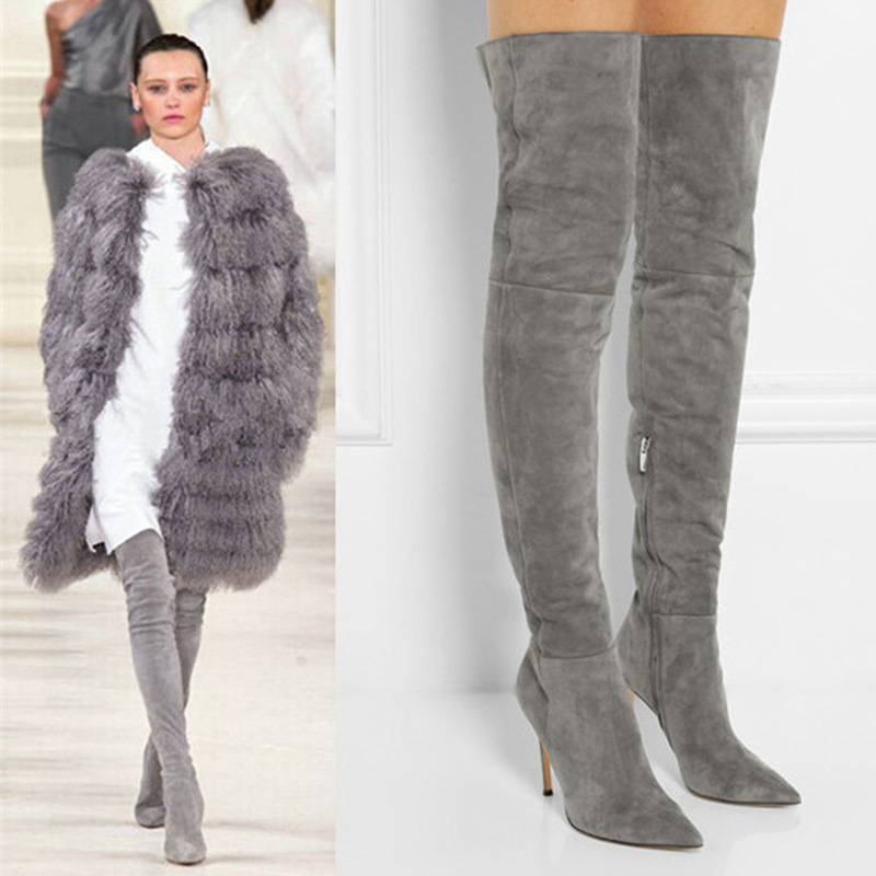 Europske i američke modne jednostavne špicaste čizme s visokom petom, rastezljive čizme za mršavljenje preko koljena, velike veličine za kupovinu i izlaske, čizme od brušene kože s patentnim zatvaračem