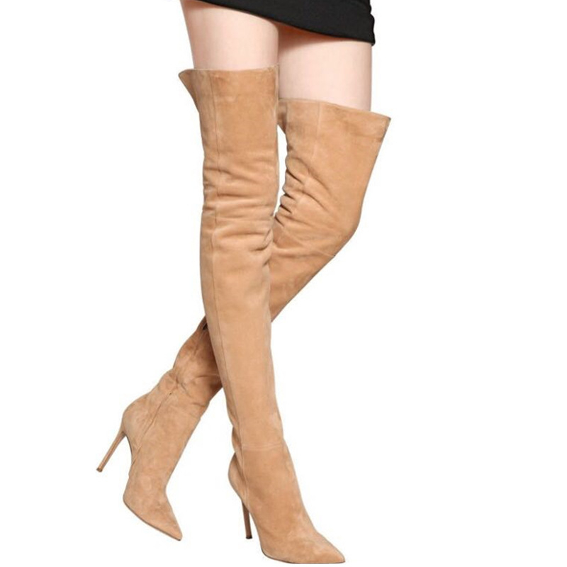 Europske i američke modne jednostavne špicaste čizme s visokom petom, rastezljive čizme za mršavljenje preko koljena, velike veličine za kupovinu i izlaske, čizme od brušene kože s patentnim zatvaračem