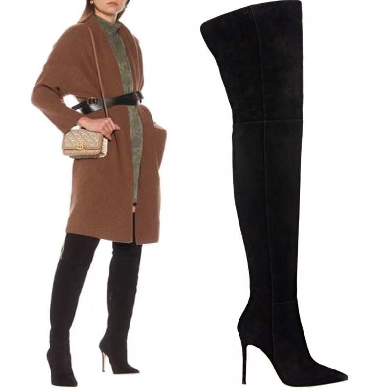 Europske i američke modne jednostavne špicaste čizme s visokom petom, rastezljive čizme za mršavljenje preko koljena, velike veličine za kupovinu i izlaske, čizme od brušene kože s patentnim zatvaračem