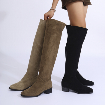 Cizme elastice peste genunchi pentru femei, mărime plus, 2024, toc gros, toamnă și iarnă, cizme subțiri din piele întoarsă, mărime plus, cu fermoar lateral