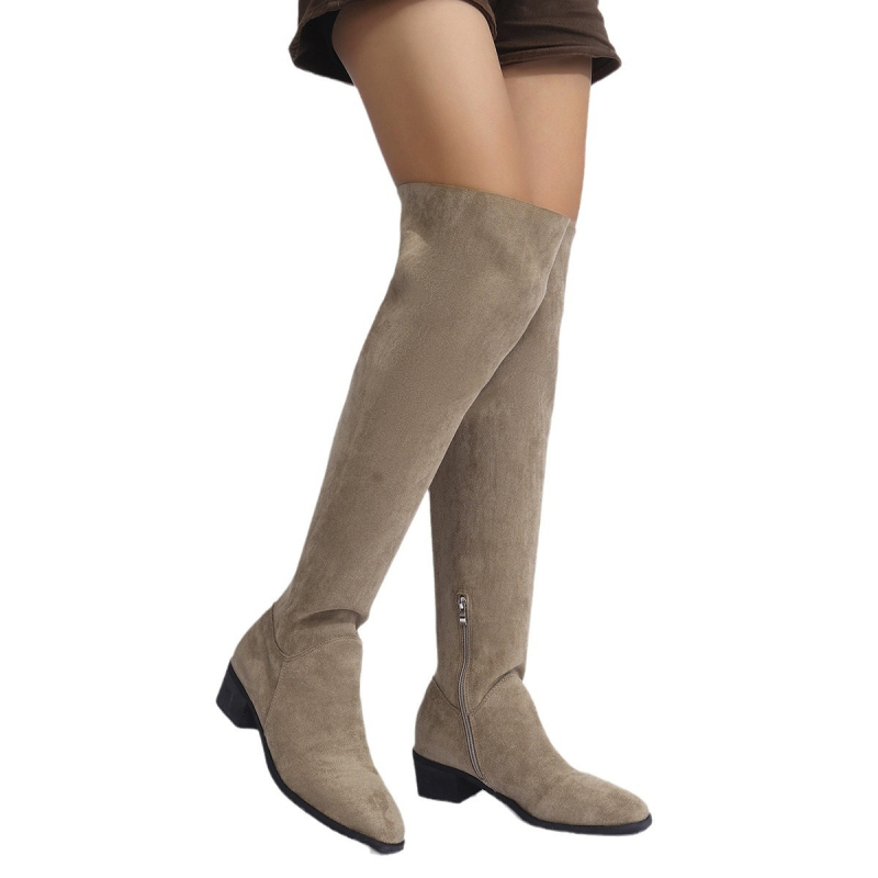 Cizme elastice peste genunchi pentru femei, mărime plus, 2024, toc gros, toamnă și iarnă, cizme subțiri din piele întoarsă, mărime plus, cu fermoar lateral