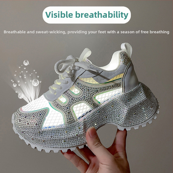 Μικρά παπούτσια Torre με αυξανόμενο ύψος, γυναικεία παπούτσια με στρας, αναπνεύσιμα, με χοντρή σόλα, casual παπούτσια, καλοκαιρινά 2025, αθλητικά παπούτσια Western style, Tide