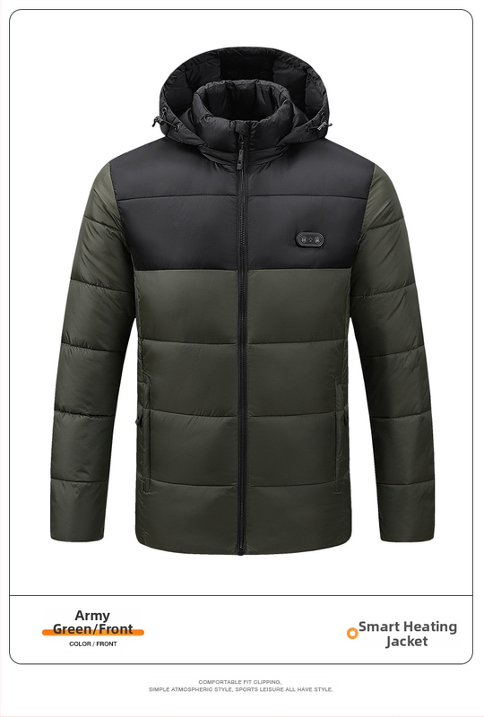 Piiriülene uus kütte ja puuvillase polstriga kapuutsiga USB intelligentne konstantse temperatuuriga kütte ja puuvillase polstriga jope, meeste ja naiste soe elektriline puuvillase polstriga jope