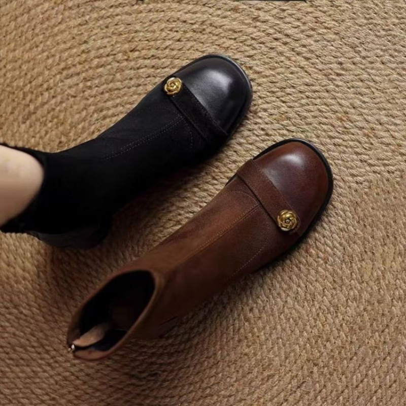 Νέες σουέτ μπότες ελαστικές, γυναικείες τετράγωνες καφέ κοντές μπότες Maillard με φερμουάρ στο πίσω μέρος και τακούνι, μπότες με επένδυση fleece