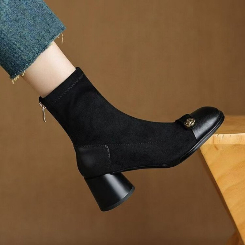 Νέες σουέτ μπότες ελαστικές, γυναικείες τετράγωνες καφέ κοντές μπότες Maillard με φερμουάρ στο πίσω μέρος και τακούνι, μπότες με επένδυση fleece