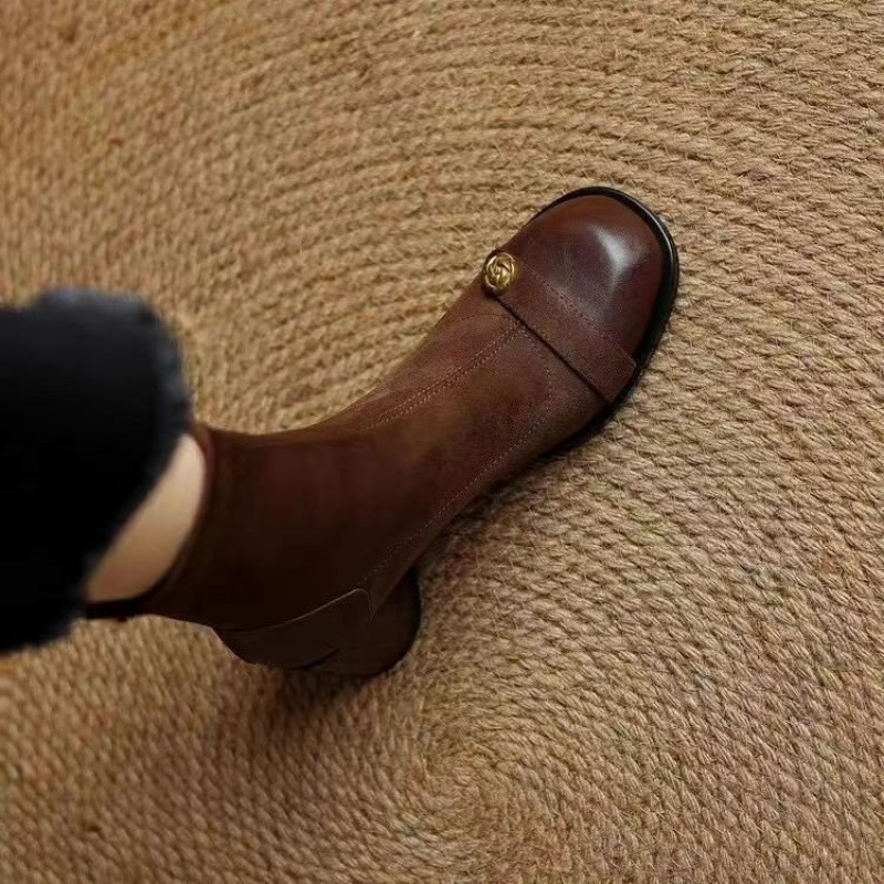 Νέες σουέτ μπότες ελαστικές, γυναικείες τετράγωνες καφέ κοντές μπότες Maillard με φερμουάρ στο πίσω μέρος και τακούνι, μπότες με επένδυση fleece