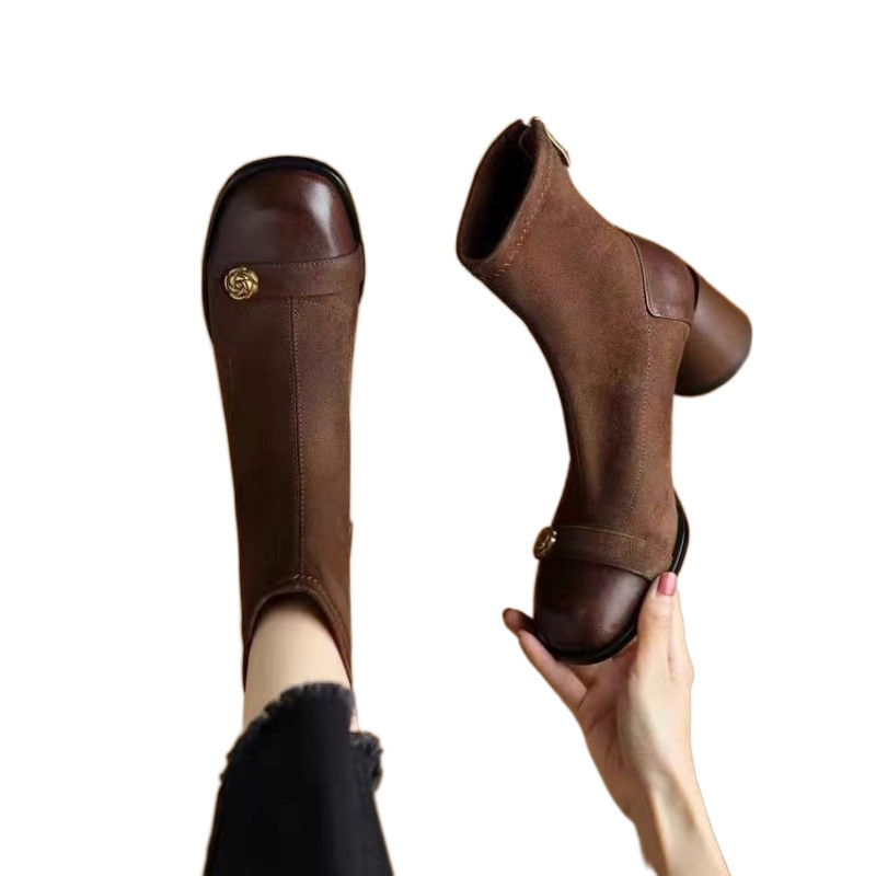 Νέες σουέτ μπότες ελαστικές, γυναικείες τετράγωνες καφέ κοντές μπότες Maillard με φερμουάρ στο πίσω μέρος και τακούνι, μπότες με επένδυση fleece