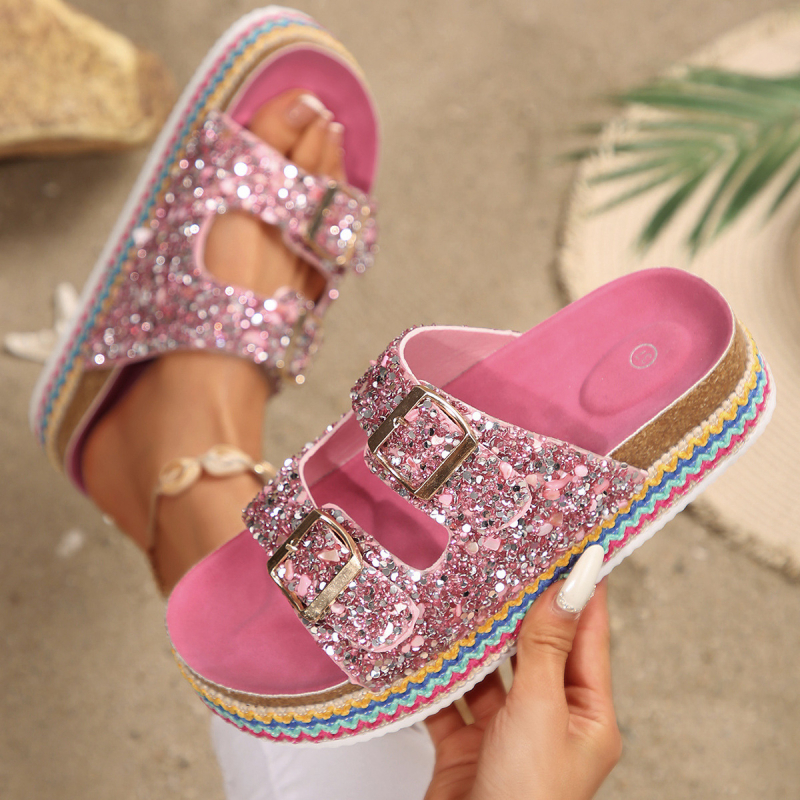 2025 Nove prekogranične izvozne papuče u etničkom stilu s dvostrukim gumbima i dijamantima, debelim potplatom, velike veličine, papuče od konoplje i pluta