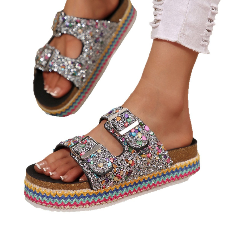 2025 Nove prekogranične izvozne papuče u etničkom stilu s dvostrukim gumbima i dijamantima, debelim potplatom, velike veličine, papuče od konoplje i pluta