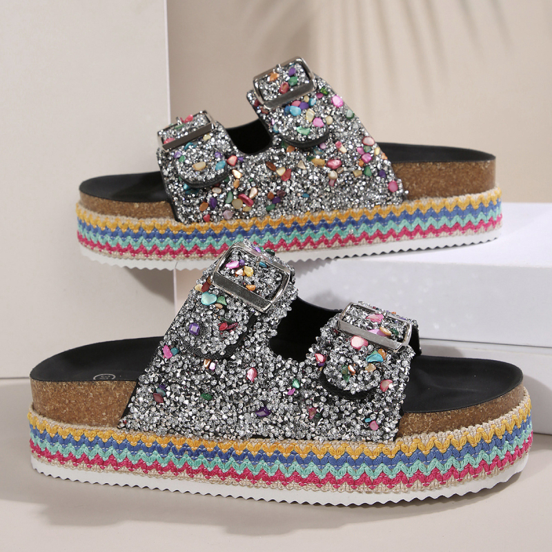 2025 Nove prekogranične izvozne papuče u etničkom stilu s dvostrukim gumbima i dijamantima, debelim potplatom, velike veličine, papuče od konoplje i pluta