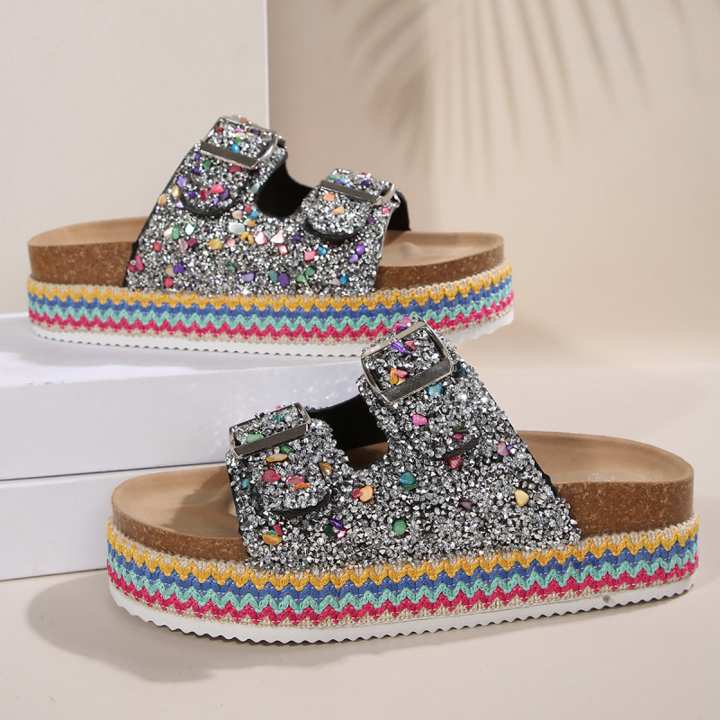 2025 Nove prekogranične izvozne papuče u etničkom stilu s dvostrukim gumbima i dijamantima, debelim potplatom, velike veličine, papuče od konoplje i pluta
