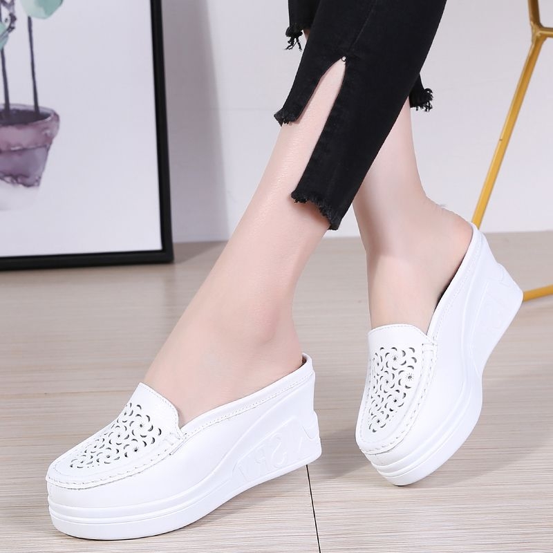 Ljetne sandale od prave kože s platformom i debelim potplatom, bijele cipele s polukliznim podplatom, za mame, s izrezom na prstima za žene