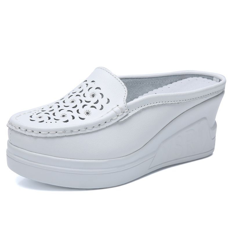 Ljetne sandale od prave kože s platformom i debelim potplatom, bijele cipele s polukliznim podplatom, za mame, s izrezom na prstima za žene